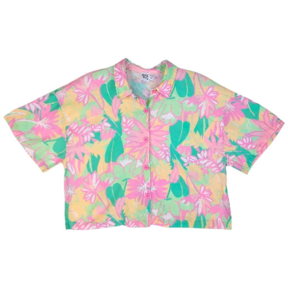 Princess Polly Pink & Green Tropical Floral Button Down Boxy Linen Blend Top 12